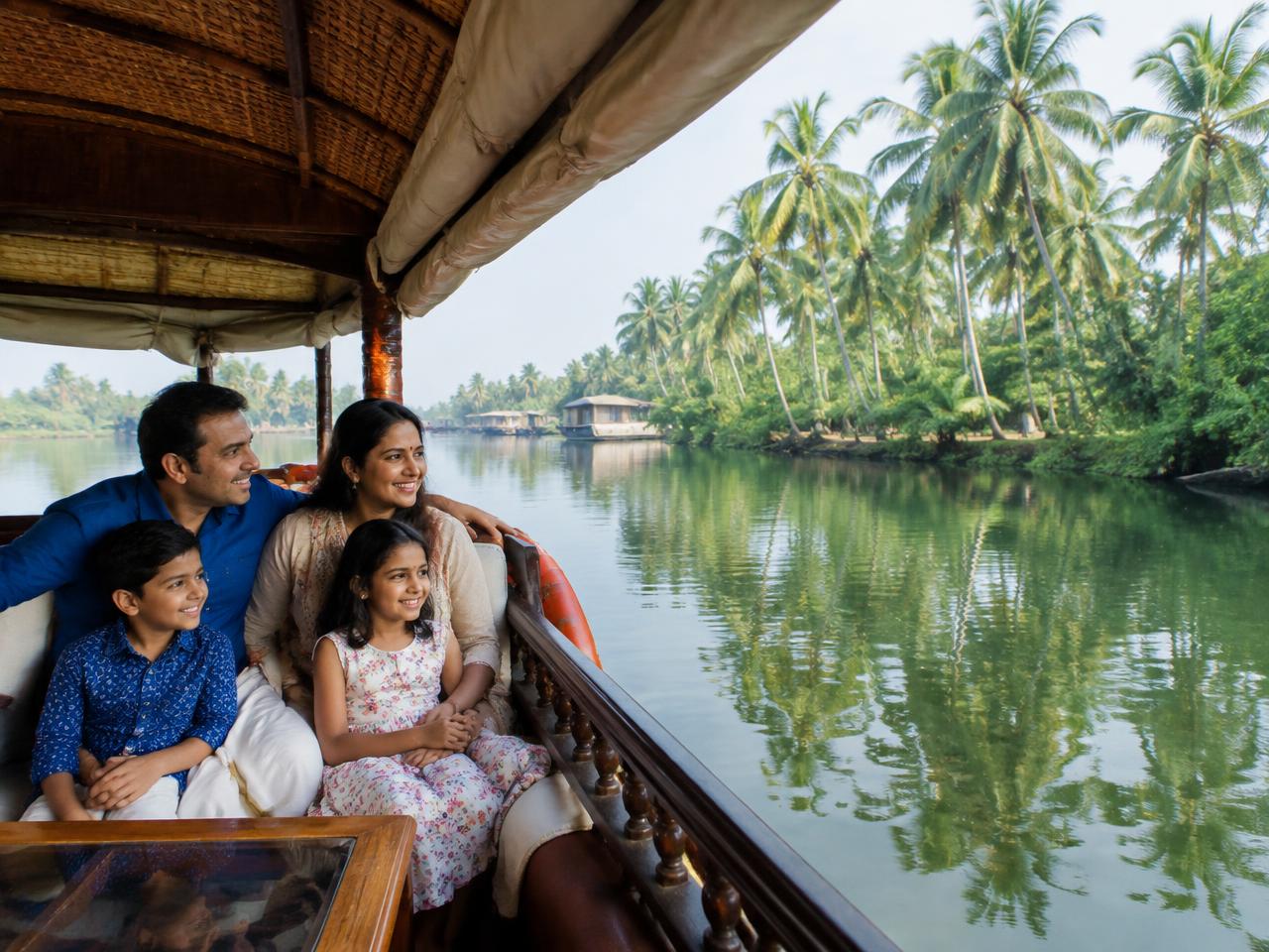 Indian family enjoying a houseboat ride on the Kerala backwaters
